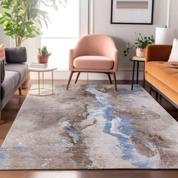 HomeRoots 9' X 12' Abstract Washable Area Rug in Taupe, Blue & Ivory – UV Protected, Durable & Stylish Design 697961