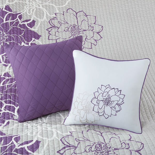 English Elm 6 Piece Printed Cotton Quilt Set With Decorative Pillows In Elegant Taupe Grey And Purple Hues B03597428