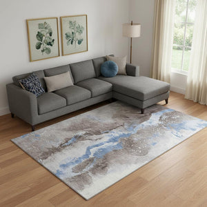 HomeRoots 10' X 14' Modern Abstract Washable Area Rug in Taupe, Blue, Ivory - UV Protected, Stain Resistant 697962