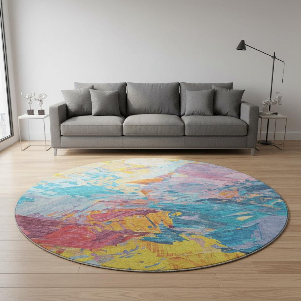 HomeRoots 8' Vibrant Blue Yellow Pink Abstract Round Rug - Washable, UV Protected, Non-Slip Backing, Modern Style 697965