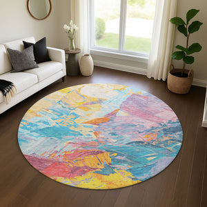 HomeRoots 8' Vibrant Blue Yellow Pink Abstract Round Rug - Washable, UV Protected, Non-Slip Backing, Modern Style 697965