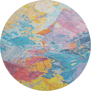 HomeRoots 8' Vibrant Blue Yellow Pink Abstract Round Rug - Washable, UV Protected, Non-Slip Backing, Modern Style 697965