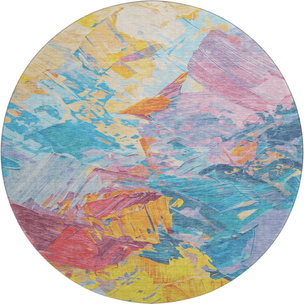 HomeRoots 8' Vibrant Blue Yellow Pink Abstract Round Rug - Washable, UV Protected, Non-Slip Backing, Modern Style 697965