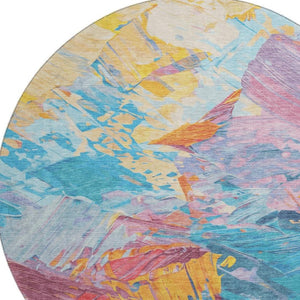 HomeRoots 8' Vibrant Blue Yellow Pink Abstract Round Rug - Washable, UV Protected, Non-Slip Backing, Modern Style 697965