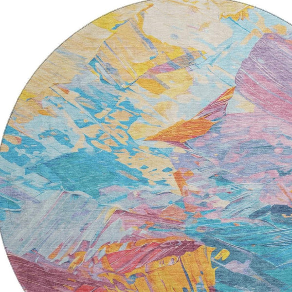 HomeRoots 8' Vibrant Blue Yellow Pink Abstract Round Rug - Washable, UV Protected, Non-Slip Backing, Modern Style 697965