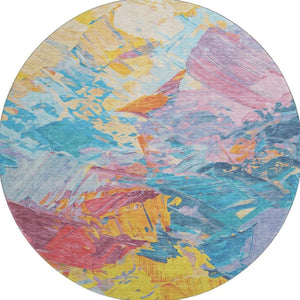 HomeRoots 8' Vibrant Blue Yellow Pink Abstract Round Rug - Washable, UV Protected, Non-Slip Backing, Modern Style 697965
