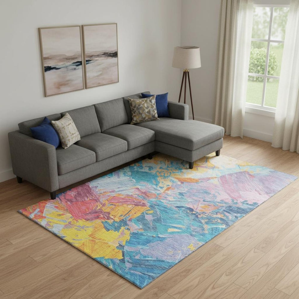 HomeRoots 10' Vibrant Blue, Yellow & Pink Abstract Washable Area Rug with UV Protection for High-Traffic Spaces 697968