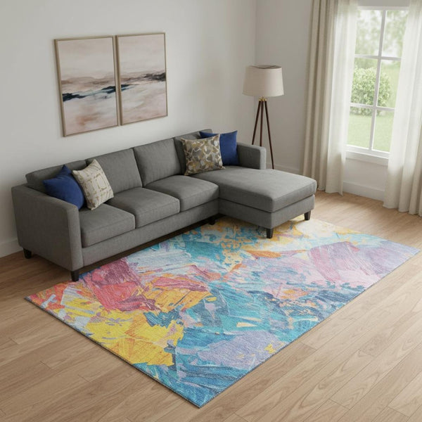 HomeRoots 10' Vibrant Blue, Yellow & Pink Abstract Washable Area Rug with UV Protection for High-Traffic Spaces 697968