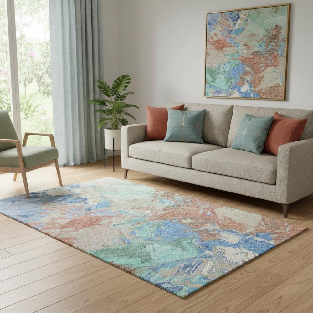 HomeRoots 5' X 8' Coral Teal & Copper Abstract Area Rug - Washable, UV Protected, Stain Resistant, Durable Design 697970
