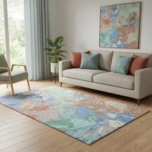 HomeRoots 5' X 8' Coral Teal & Copper Abstract Area Rug - Washable, UV Protected, Stain Resistant, Durable Design 697970