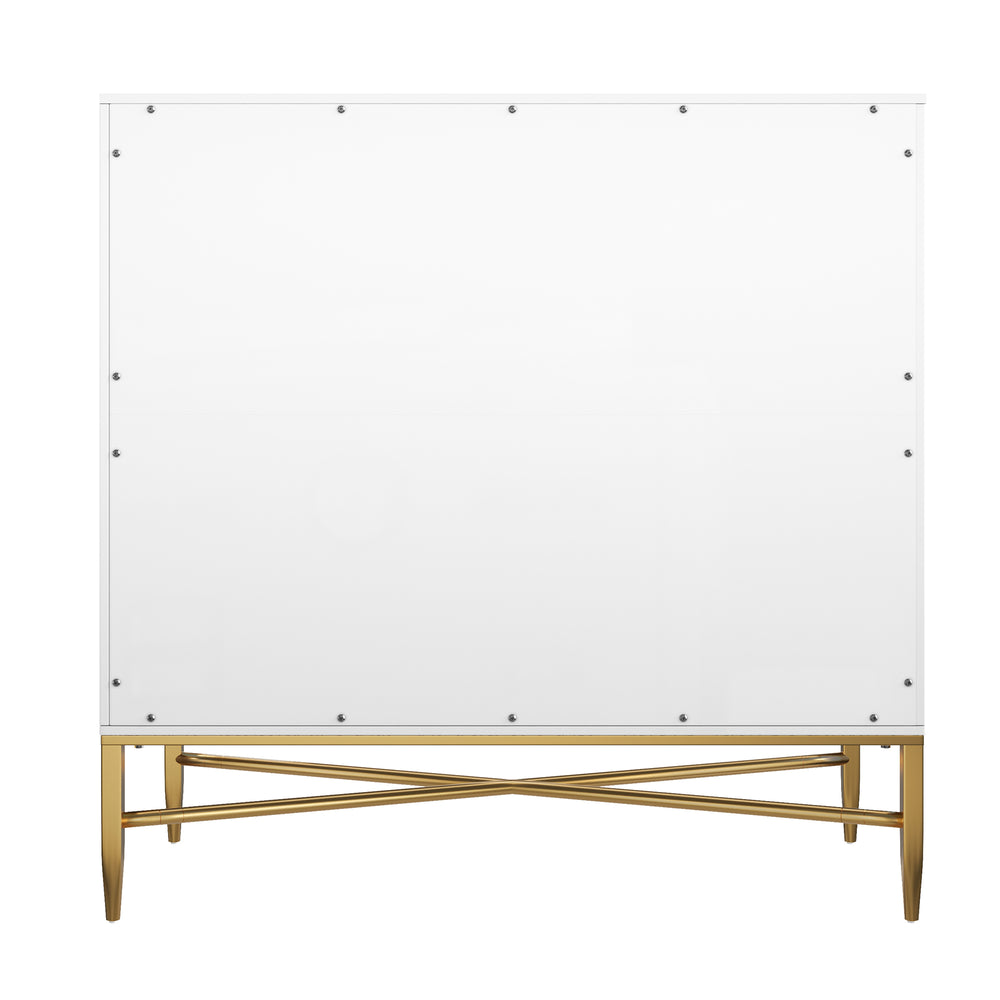 English Elm White Modern 2-Door Locker Accent Cabinet with Raised Diamond Front, Brass Tapered Legs, Storage Elegance T3609P333096