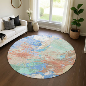 HomeRoots 8' Coral Teal and Copper Round Rug - Abstract Design, Stain Resistant, UV Protected, Washable Luxury 697971