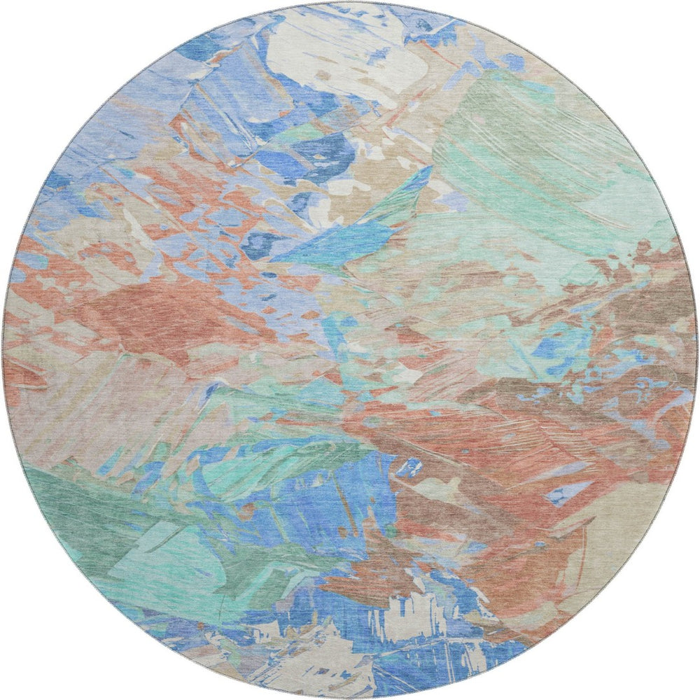 HomeRoots 8' Coral Teal and Copper Round Rug - Abstract Design, Stain Resistant, UV Protected, Washable Luxury 697971