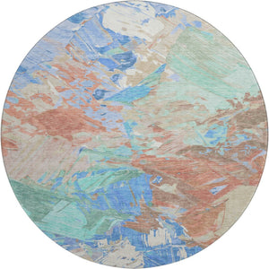 HomeRoots 8' Coral Teal and Copper Round Rug - Abstract Design, Stain Resistant, UV Protected, Washable Luxury 697971