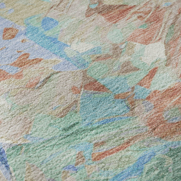 HomeRoots 8' Coral Teal and Copper Round Rug - Abstract Design, Stain Resistant, UV Protected, Washable Luxury 697971