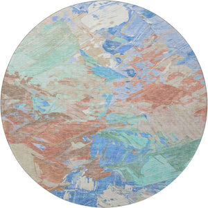HomeRoots 8' Coral Teal and Copper Round Rug - Abstract Design, Stain Resistant, UV Protected, Washable Luxury 697971