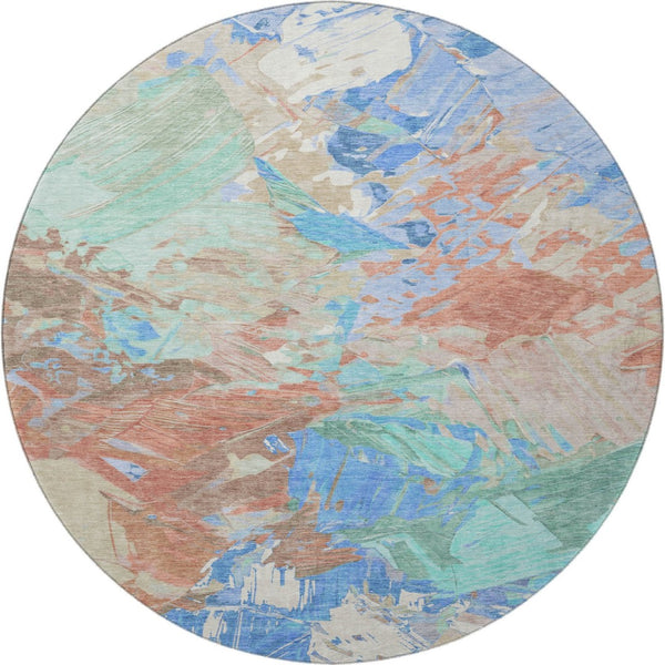 HomeRoots 8' Coral Teal and Copper Round Rug - Abstract Design, Stain Resistant, UV Protected, Washable Luxury 697971
