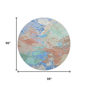 HomeRoots 8' Coral Teal and Copper Round Rug - Abstract Design, Stain Resistant, UV Protected, Washable Luxury 697971