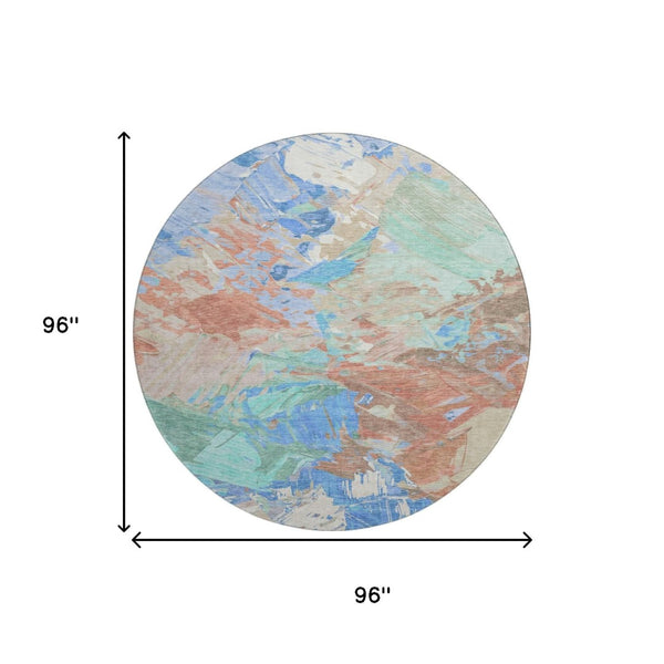 HomeRoots 8' Coral Teal and Copper Round Rug - Abstract Design, Stain Resistant, UV Protected, Washable Luxury 697971