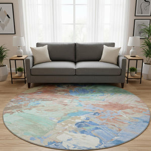 HomeRoots 8' Coral Teal and Copper Round Rug - Abstract Design, Stain Resistant, UV Protected, Washable Luxury 697971