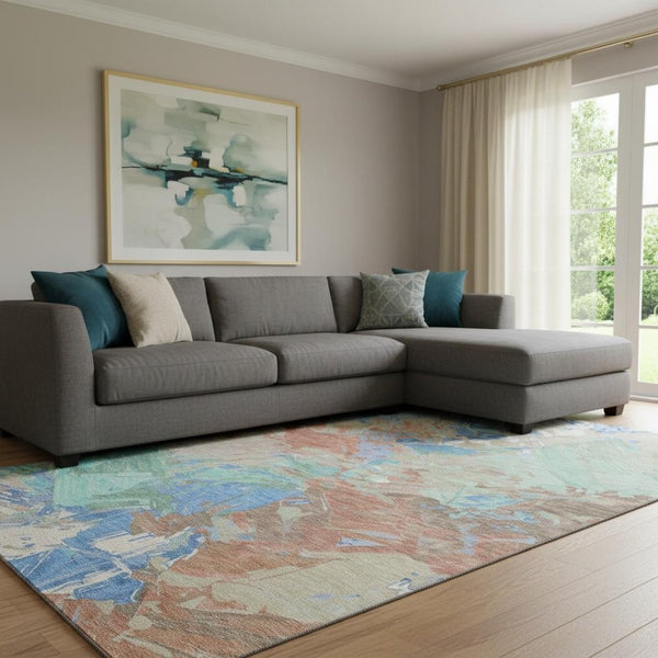 HomeRoots 8' X 10' Coral, Teal & Copper Abstract Area Rug - Washable, UV Protected, Perfect for Busy Homes! 697972