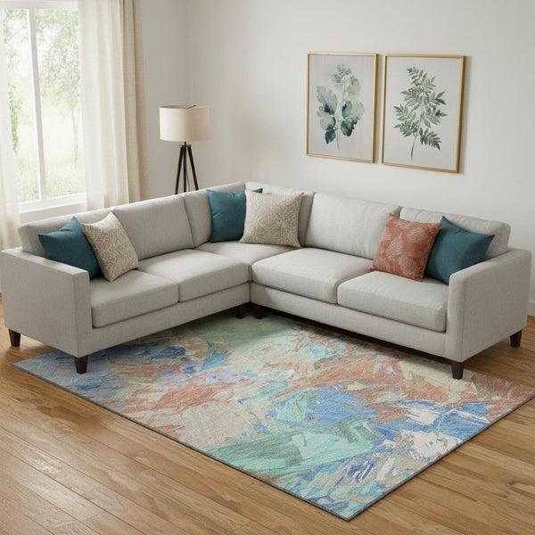 HomeRoots 10' X 14' Coral Teal Copper Abstract Washable Area Rug - Durable, UV-Protected, Stylish & Easy Care 697974