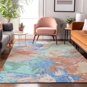 HomeRoots 10' X 14' Coral Teal Copper Abstract Washable Area Rug - Durable, UV-Protected, Stylish & Easy Care 697974