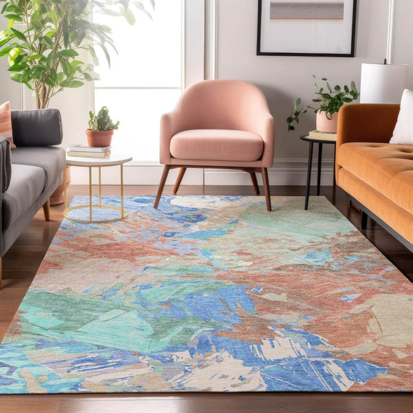 HomeRoots 10' X 14' Coral Teal Copper Abstract Washable Area Rug - Durable, UV-Protected, Stylish & Easy Care 697974