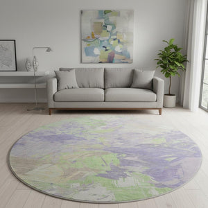HomeRoots 8' Modern Abstract Lavender Green & Beige Round Rug - Washable, UV Protected, Stain Resistant, Non-Slip 697977