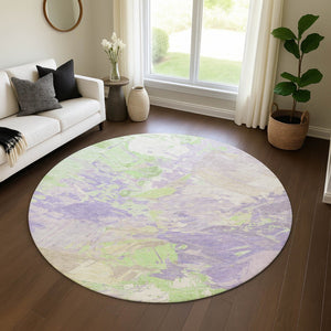 HomeRoots 8' Modern Abstract Lavender Green & Beige Round Rug - Washable, UV Protected, Stain Resistant, Non-Slip 697977