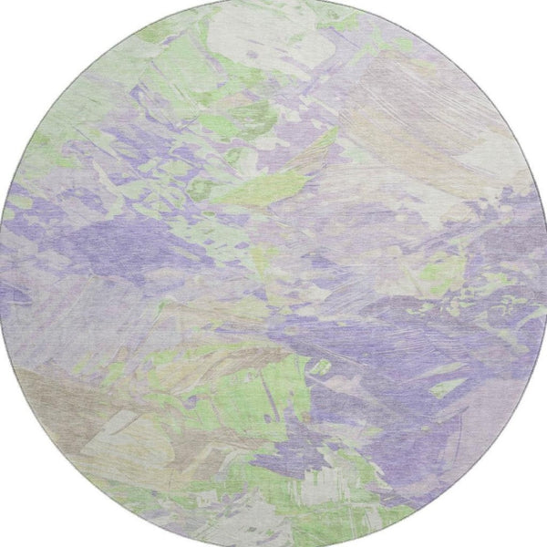 HomeRoots 8' Modern Abstract Lavender Green & Beige Round Rug - Washable, UV Protected, Stain Resistant, Non-Slip 697977