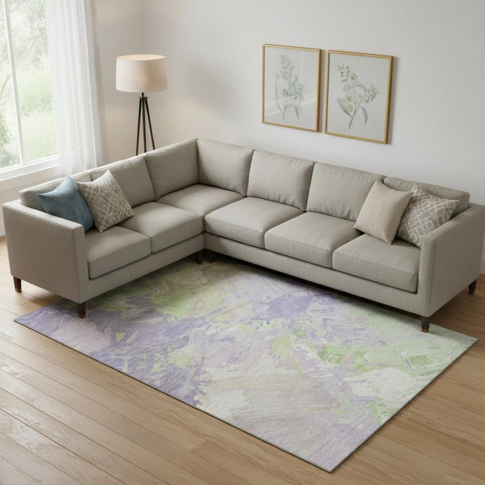 HomeRoots 9' X 12' Modern Abstract Area Rug in Lavender Green & Beige – Washable, UV Protected, Durable Design 697979