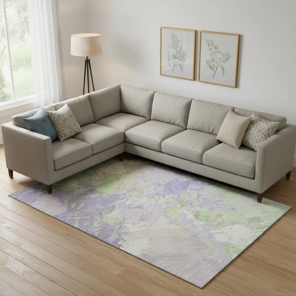 HomeRoots 9' X 12' Modern Abstract Area Rug in Lavender Green & Beige – Washable, UV Protected, Durable Design 697979