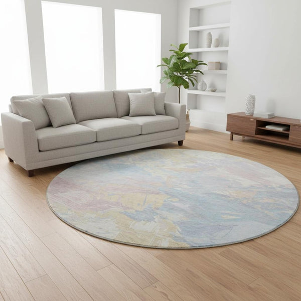 HomeRoots 8' Stylish Sky Blue, Beige & Mauve Abstract Round Rug – Washable, UV Protected for High-Traffic Areas 697983