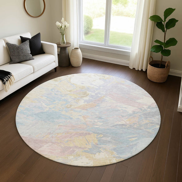 HomeRoots 8' Stylish Sky Blue, Beige & Mauve Abstract Round Rug – Washable, UV Protected for High-Traffic Areas 697983