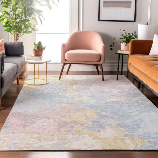 HomeRoots 10' x 14' Sky Blue Beige Mauve Abstract Area Rug - Washable, UV-Protected, Durable & Stylish Design 697986