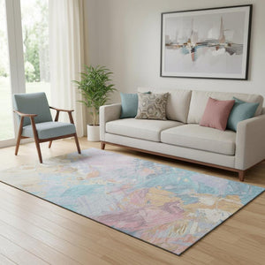 HomeRoots 5' X 8' Stylish Teal Gold Pink Abstract Washable Area Rug - UV Protected, Stain Resistant & Easy Care 697988