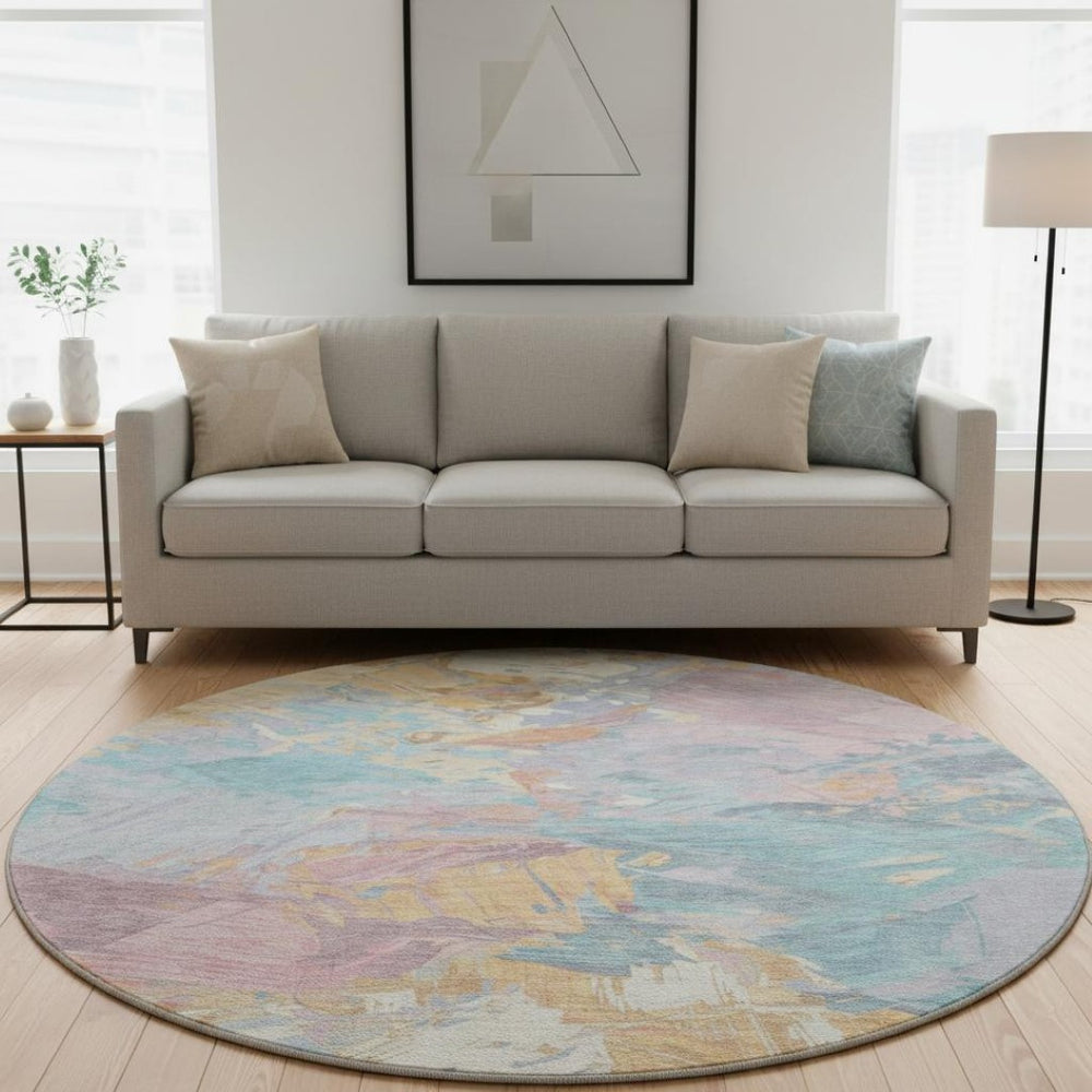 HomeRoots 8' Vibrant Teal, Gold & Pink Abstract Round Rug - Washable, UV-Resistant, Durable for Busy Homes 697989