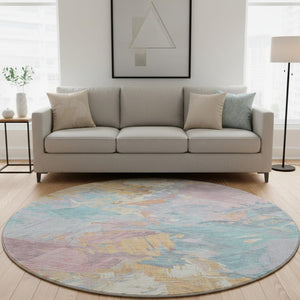 HomeRoots 8' Vibrant Teal, Gold & Pink Abstract Round Rug - Washable, UV-Resistant, Durable for Busy Homes 697989