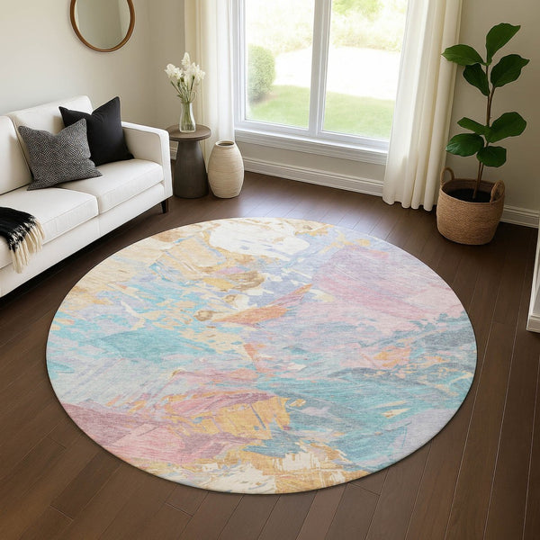 HomeRoots 8' Vibrant Teal, Gold & Pink Abstract Round Rug - Washable, UV-Resistant, Durable for Busy Homes 697989