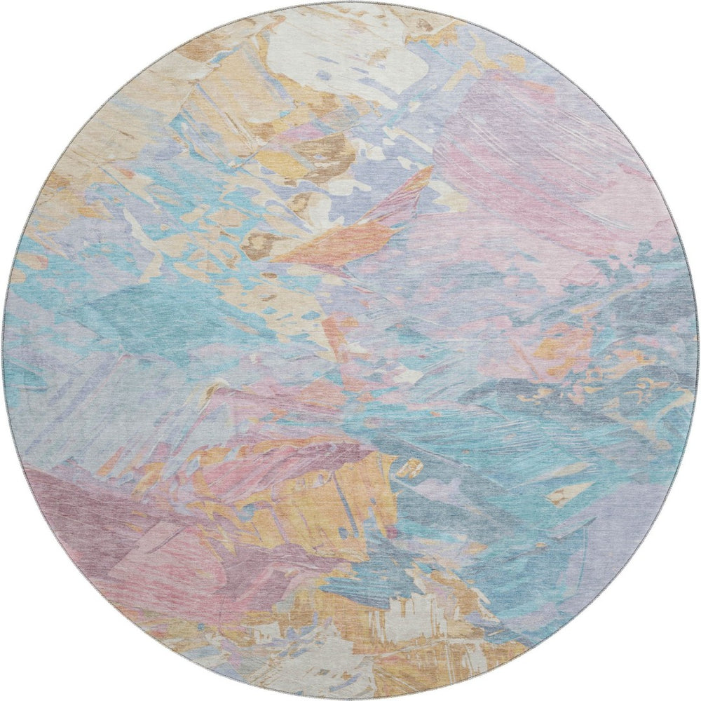 HomeRoots 8' Vibrant Teal, Gold & Pink Abstract Round Rug - Washable, UV-Resistant, Durable for Busy Homes 697989