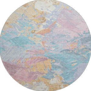 HomeRoots 8' Vibrant Teal, Gold & Pink Abstract Round Rug - Washable, UV-Resistant, Durable for Busy Homes 697989