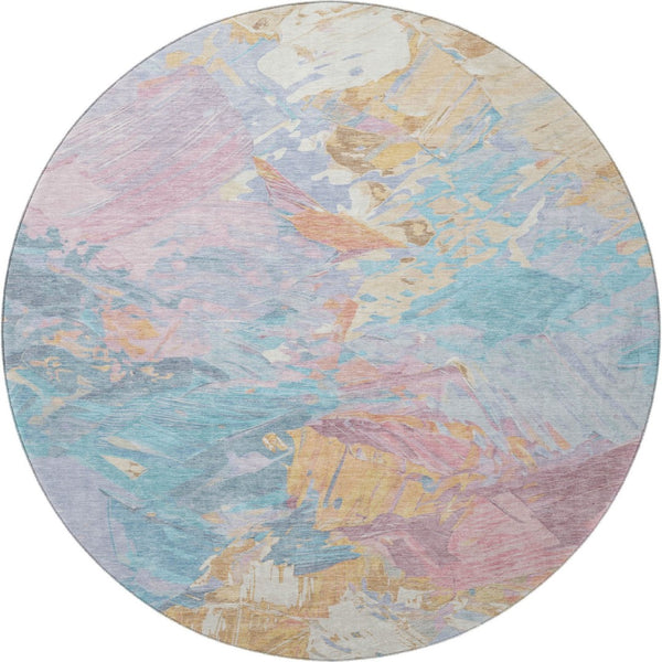 HomeRoots 8' Vibrant Teal, Gold & Pink Abstract Round Rug - Washable, UV-Resistant, Durable for Busy Homes 697989