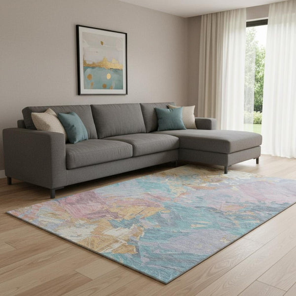 HomeRoots 8' X 10' Teal, Gold & Pink Abstract Washable Area Rug - Stylish, UV-Protected & Easy to Clean! 697990