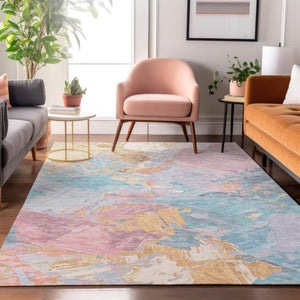 HomeRoots 8' X 10' Teal, Gold & Pink Abstract Washable Area Rug - Stylish, UV-Protected & Easy to Clean! 697990