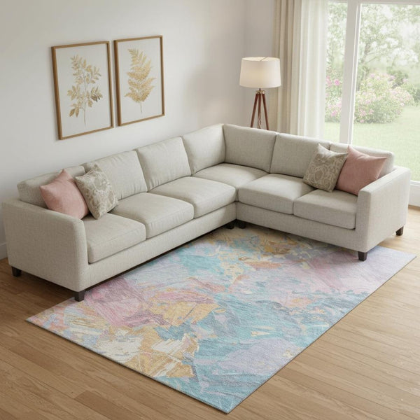 HomeRoots 9' X 12' Vibrant Teal Gold Pink Abstract Washable Area Rug with Stain Resistance & UV Protection 697991