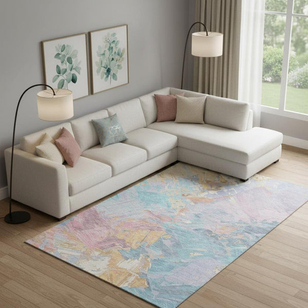 HomeRoots 10' Teal, Gold & Pink Abstract Area Rug – Washable, UV-Protected, Durable Design for Modern Spaces 697992