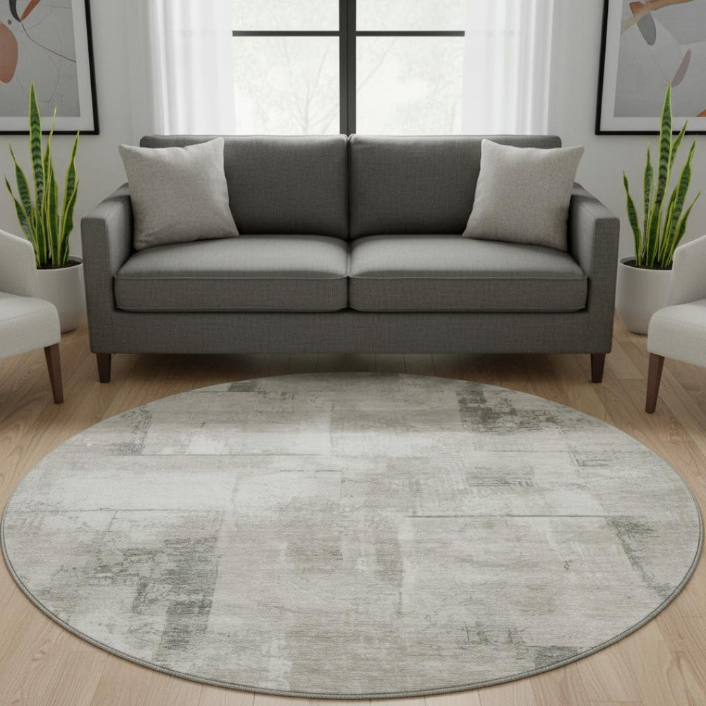 HomeRoots 8' Stylish Washable Round Rug in Beige, Taupe & Ivory - Durable, UV-Protected, Modern Design for Any Space 697995
