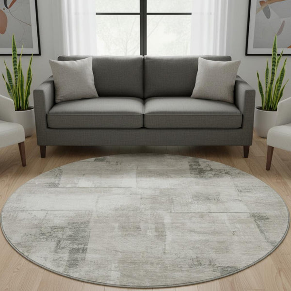 HomeRoots 8' Stylish Washable Round Rug in Beige, Taupe & Ivory - Durable, UV-Protected, Modern Design for Any Space 697995