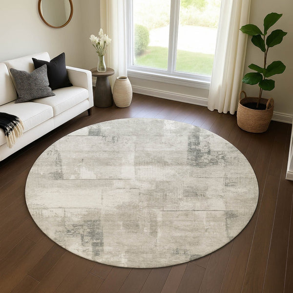 HomeRoots 8' Stylish Washable Round Rug in Beige, Taupe & Ivory - Durable, UV-Protected, Modern Design for Any Space 697995